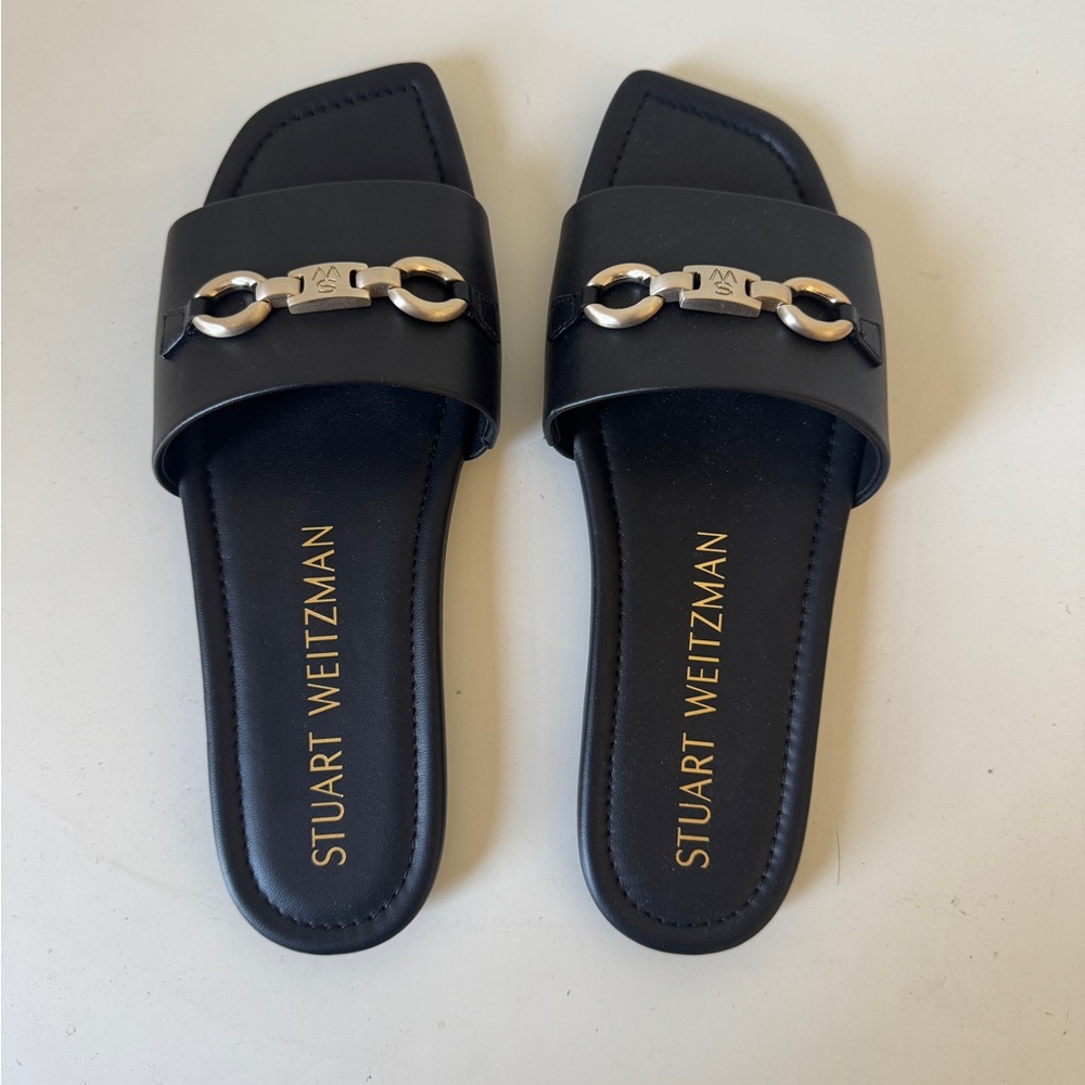 Stuart Weitzman Black Leather Flat Sandals Size 8 (New w/o Tags)